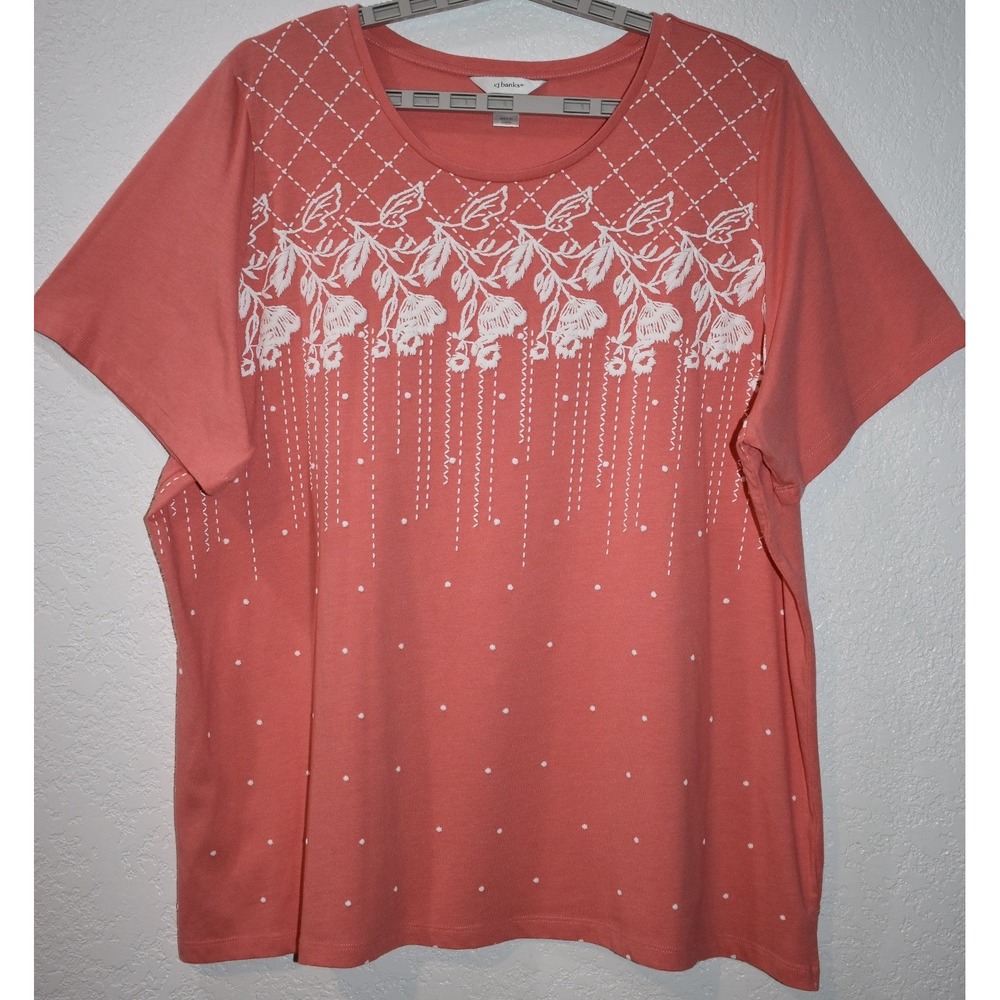 CJ Banks Womens 3X Coral Pink Floral Embroidered Short Sleeve Knit Top T-Shirt